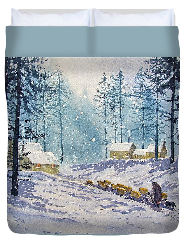 Glenn Marshall Yorkshire Artist Duvet Cover featuring the painting Welcome End to a Winter's Day by Glenn Marshall