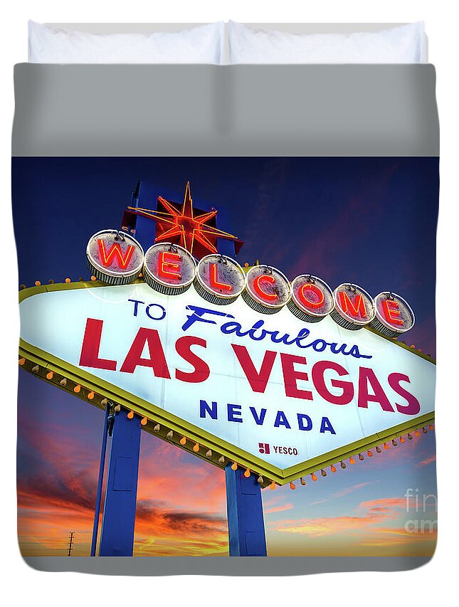 Welcome To Las Vegas Duvet Cover featuring the photograph Welcome to Las Vegas Sign at Dawn Wide by Aloha Art