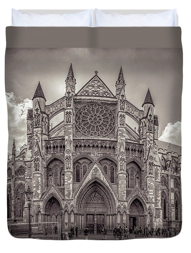 Abbey Duvet Cover featuring the photograph Westminster Abbey panorama monochrome by Mariusz Talarek