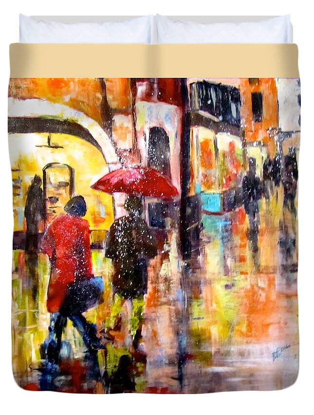 Rain Duvet Cover featuring the painting Wet Streets by Barbara O'Toole