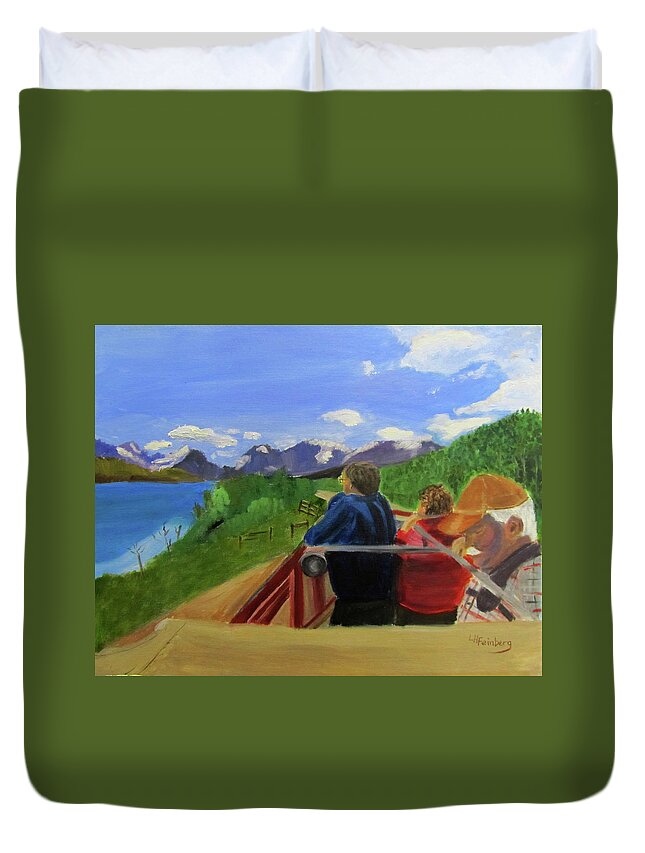 Glacier National Park Duvet Cover featuring the painting What's Out There? by Linda Feinberg