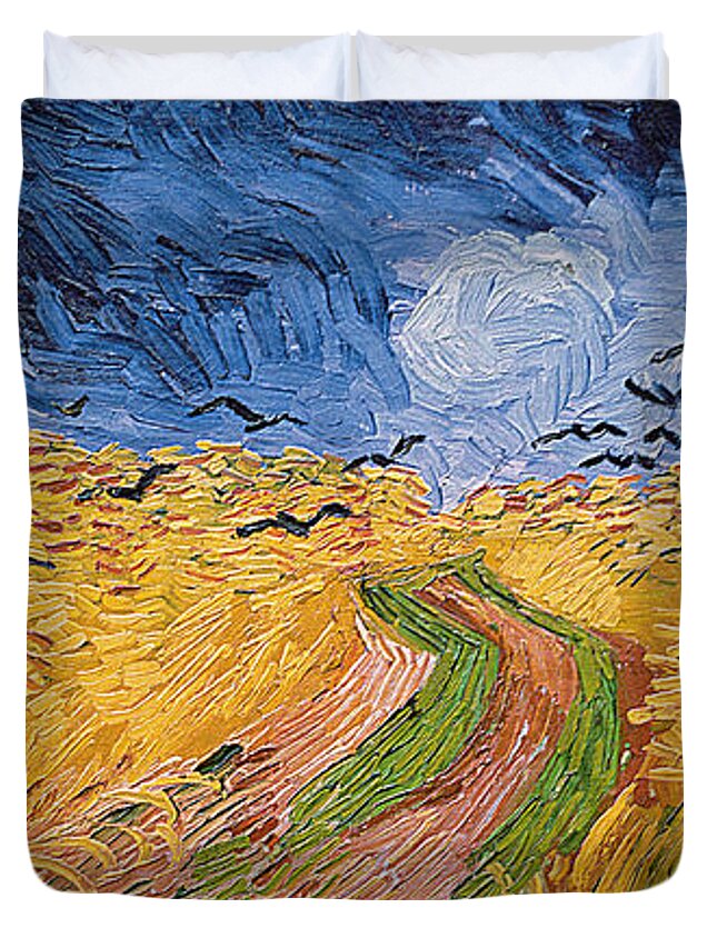 Landscape;post-impressionist; Summer; Wheat; Field; Birds; Threatening; Sky; Cloud; Post-impressionism Duvet Cover featuring the painting Wheatfield with Crows by Vincent van Gogh