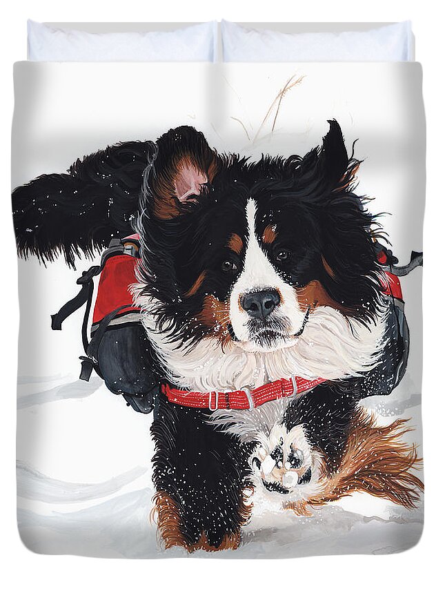 Bernese Mountain Dog Running In The Snow. Duvet Cover featuring the painting Wheeee by Liane Weyers