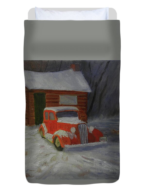Car Home Snow Landscape Country Past Time Duvet Cover featuring the painting When Cars Were Big And Homes Were Small by Scott W White