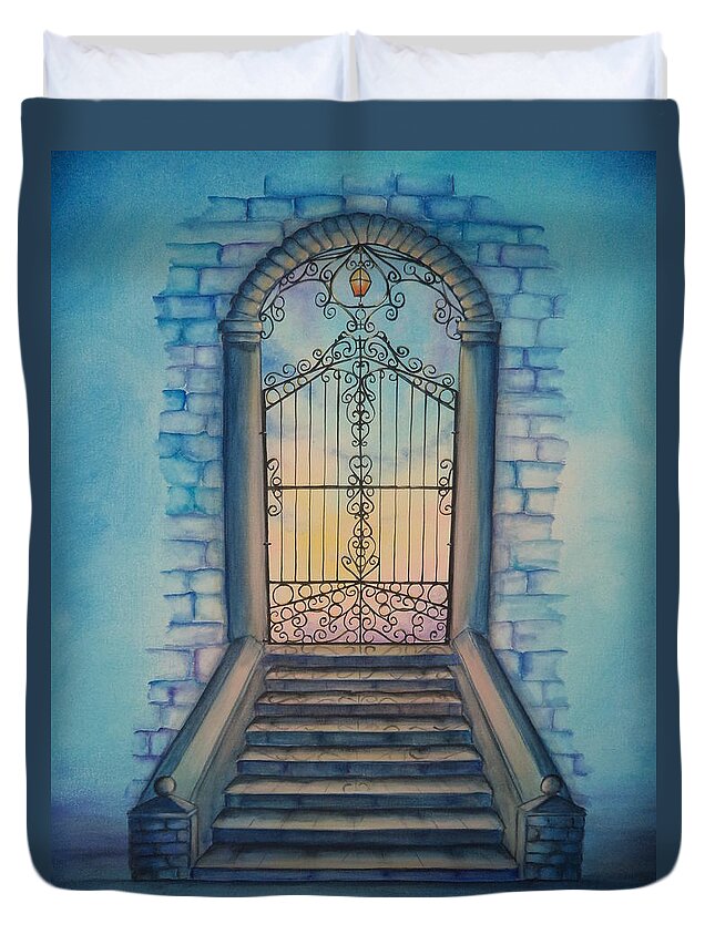 Gate Duvet Cover featuring the painting When The Heart Is Ready by Krystyna Spink