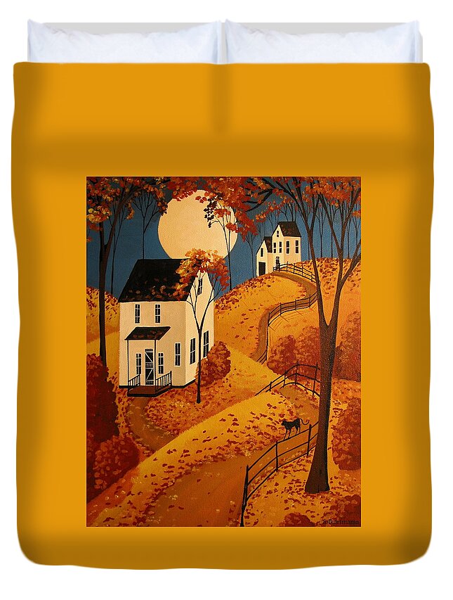 Folk Art Duvet Cover featuring the painting When Will All The Leaves Fall - folk art by Debbie Criswell