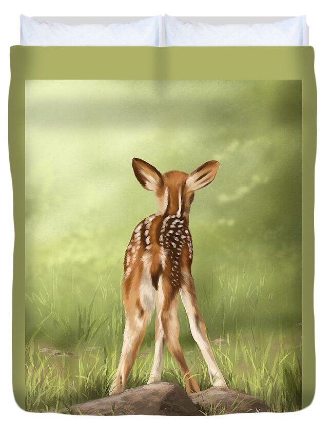 Fawn Duvet Cover featuring the painting Where is my mom? by Veronica Minozzi