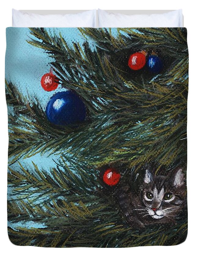 Cat Duvet Cover featuring the pastel Where is Santa by Anastasiya Malakhova