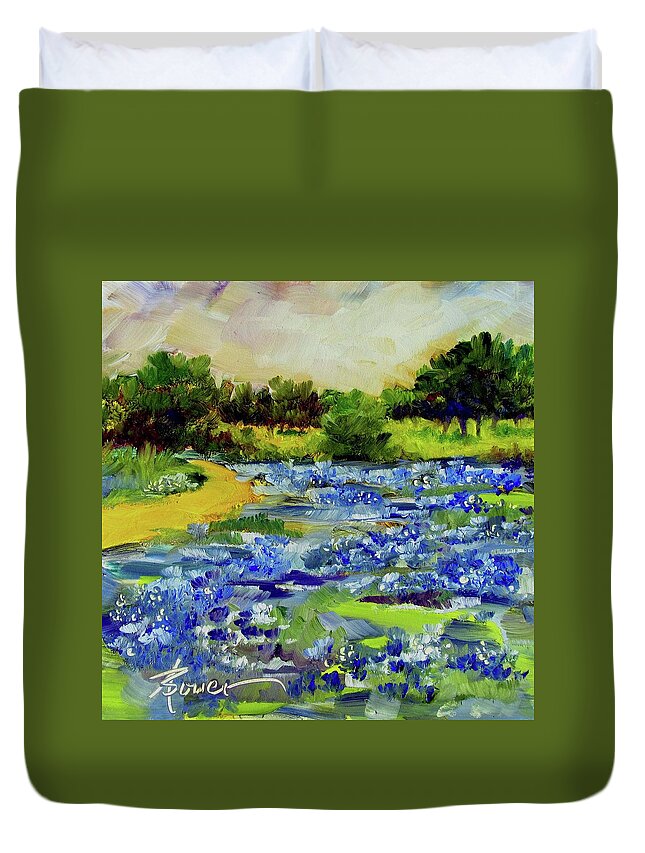 Bluebonnets Duvet Cover featuring the painting Where The Beautiful Bluebonnets Grow by Adele Bower