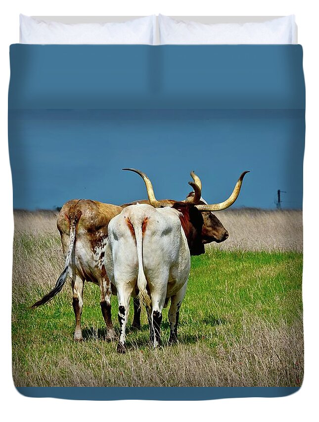 Longhorn Duvet Cover featuring the photograph Which Way Do We Turn? by Linda Unger