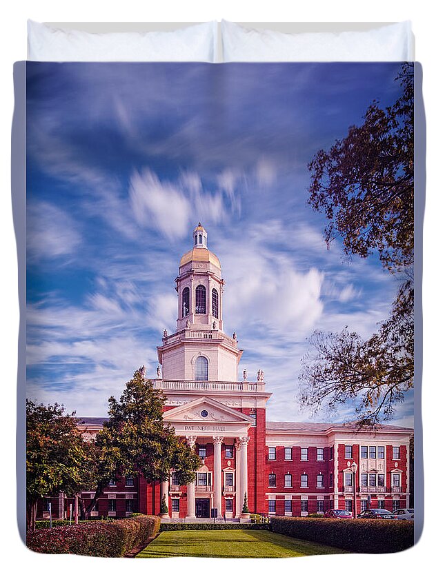 Waco Duvet Cover featuring the photograph Whimsical Clouds Behind Pat Neff Hall - Baylor University - Waco Texas by Silvio Ligutti