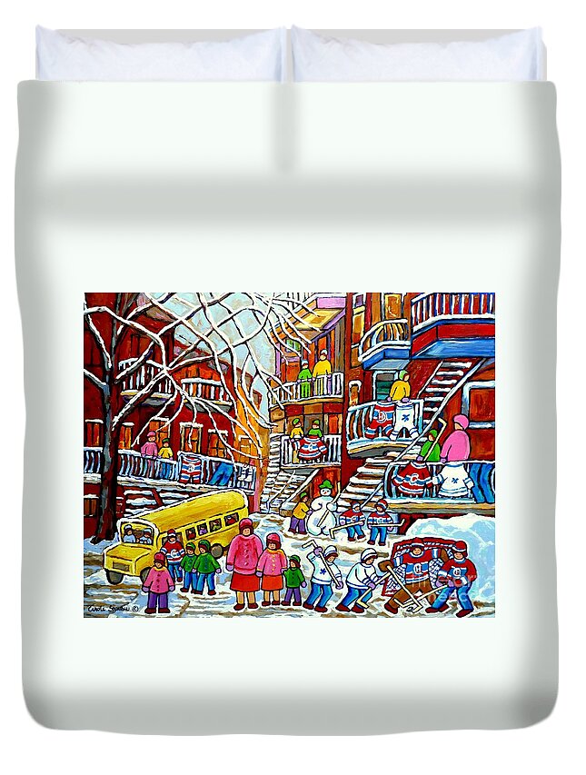 Montreal Duvet Cover featuring the painting Whimsical Winter Wonderland Snowy School Bus Montreal Story Book Scene Hockey Art Carole Spandau   by Carole Spandau