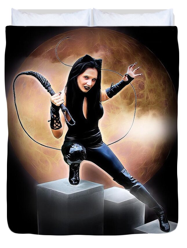 Fantasy Duvet Cover featuring the painting Whip Of The Feline Fatale by Jon Volden