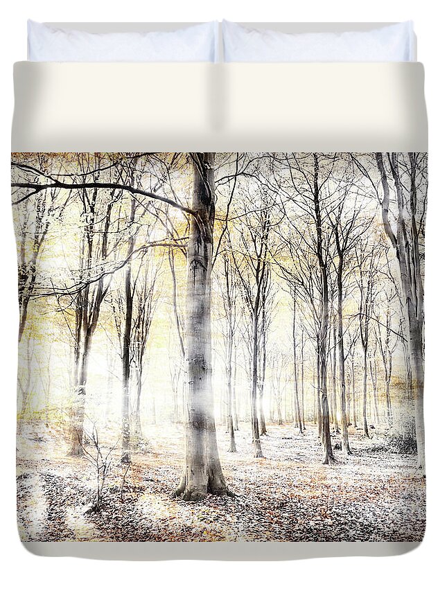 Woodland Duvet Cover featuring the photograph Whispering woodland in autumn fall by Simon Bratt