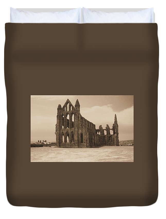 Whitby Abbey England Sepia Old Medieval Middle Ages Church Monastery Nun Nuns Architecture York Yorkshire Monasteries Ruins Saint Century Black Death Building Cathedral Cloister Feudal Benedictine Monk Monks Celtic Bram Stoker Dracula Duvet Cover featuring the photograph Whitby Abbey #33 by Raymond Magnani