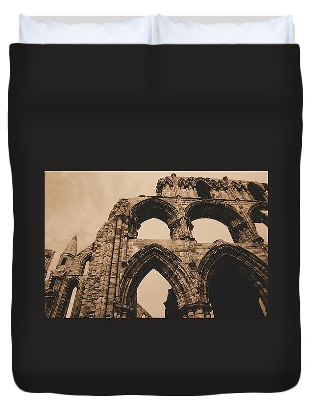 Whitby Abbey England Sepia Old Medieval Middle Ages Church Monastery Nun Nuns Architecture York Yorkshire Monasteries Ruins Saint Century Black Death Building  Cathedral Cloister Feudal Benedictine Monk Monks Celtic Bram Stoker Dracula Duvet Cover featuring the photograph Whitby Abbey #73 by Raymond Magnani