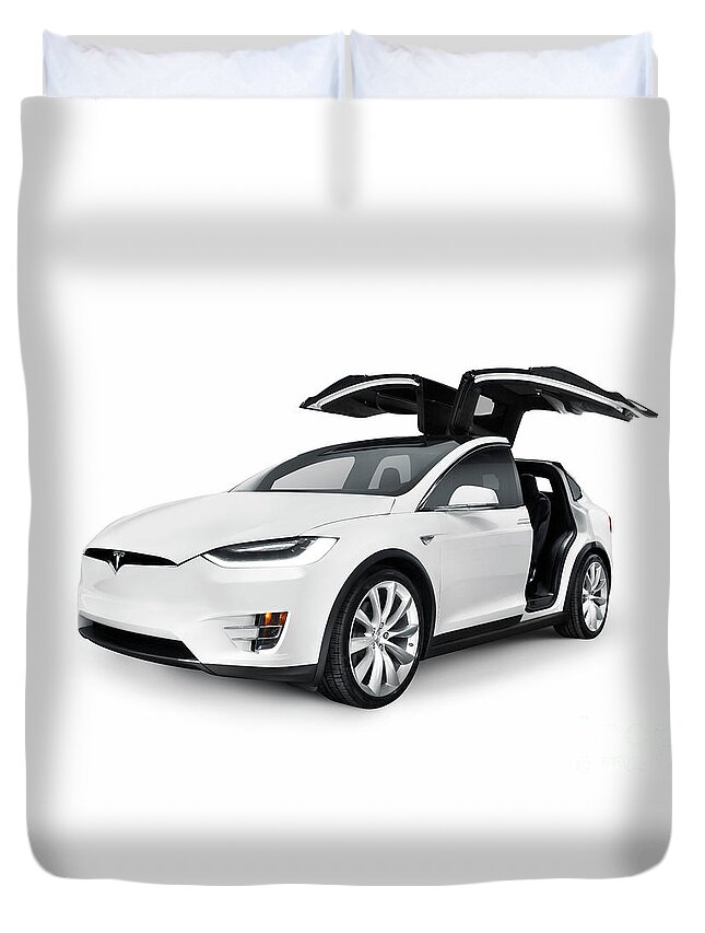 Tesla Duvet Cover featuring the photograph White 2017 Tesla Model X luxury SUV electric car with open falco by Maxim Images Exquisite Prints