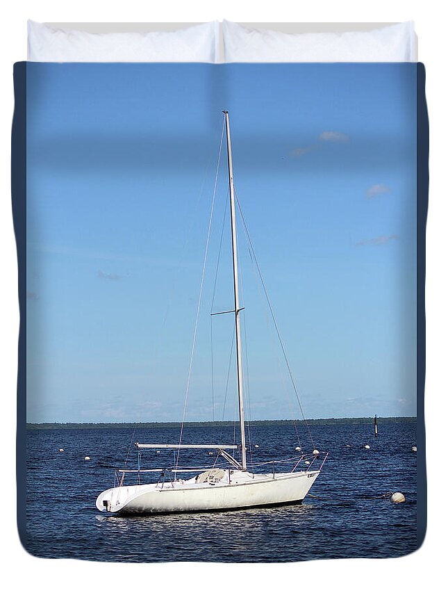 Boat Duvet Cover featuring the photograph White And Blue by Cynthia Guinn