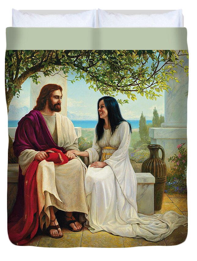 Jesus Duvet Cover featuring the painting White as Snow by Greg Olsen