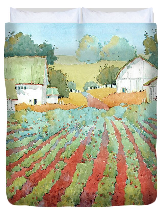Farm Duvet Cover featuring the painting White Barns in Virgina by Joyce Hicks