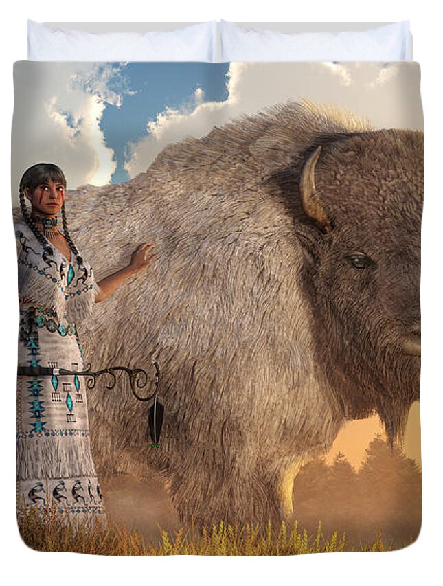 White Buffalo Calf Woman Duvet Cover featuring the digital art White Buffalo Calf Woman by Daniel Eskridge