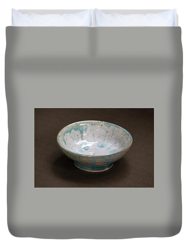Ceramic Duvet Cover featuring the ceramic art White Ceramic Bowl with Turquoise Blue Glaze Drips by Suzanne Gaff