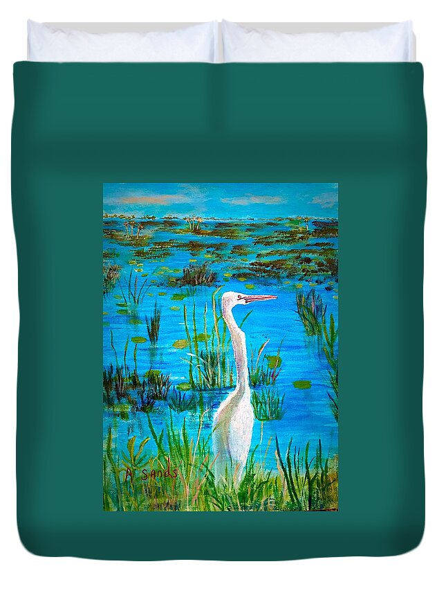 White Egret Duvet Cover featuring the painting White Egret in Florida by Anne Sands