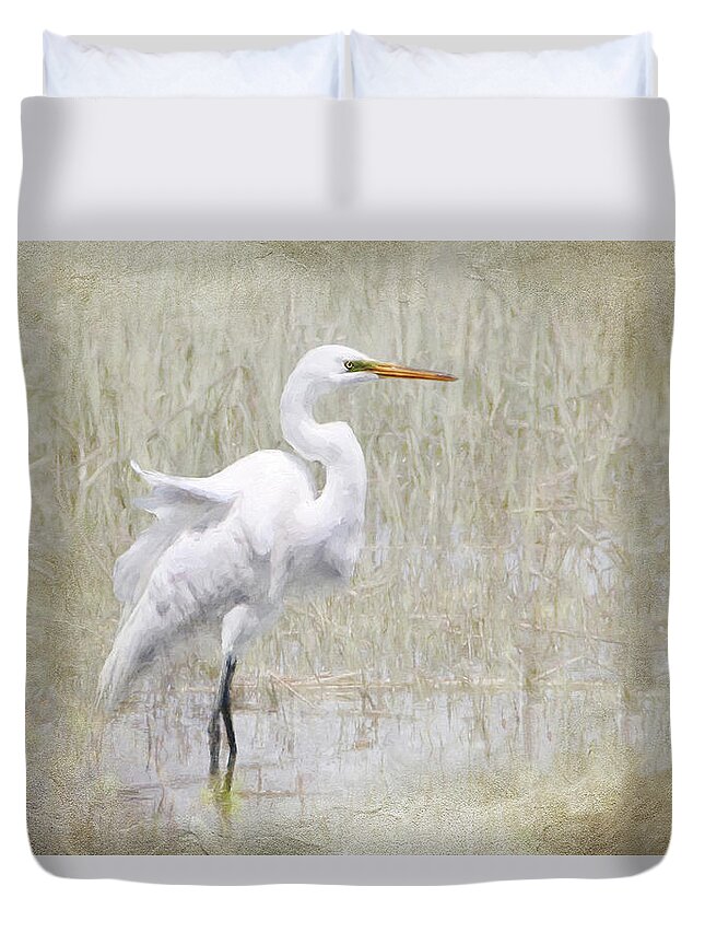 Bird Duvet Cover featuring the photograph White Egret in the Marsh by Karen Lynch