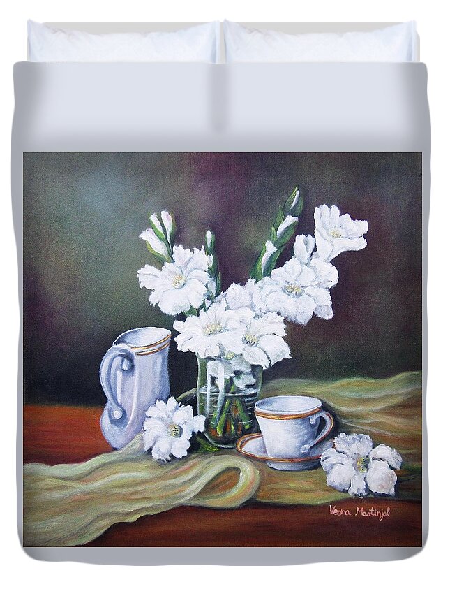 White Duvet Cover featuring the painting White Gladioli by Vesna Martinjak