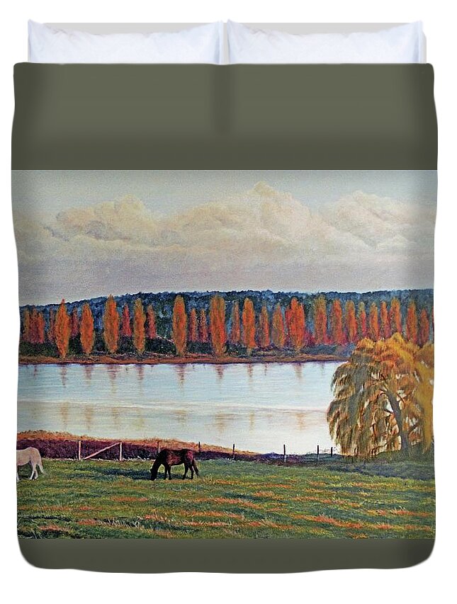Horse Sunset Duvet Cover featuring the painting White Horse Black Horse by Laurie Stewart