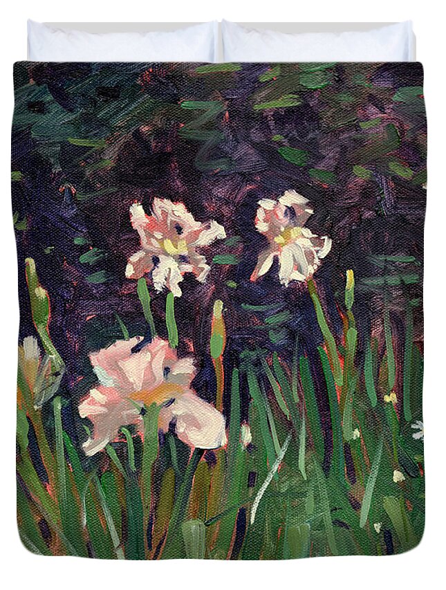 Plein Air Duvet Cover featuring the painting White Irises by Donald Maier