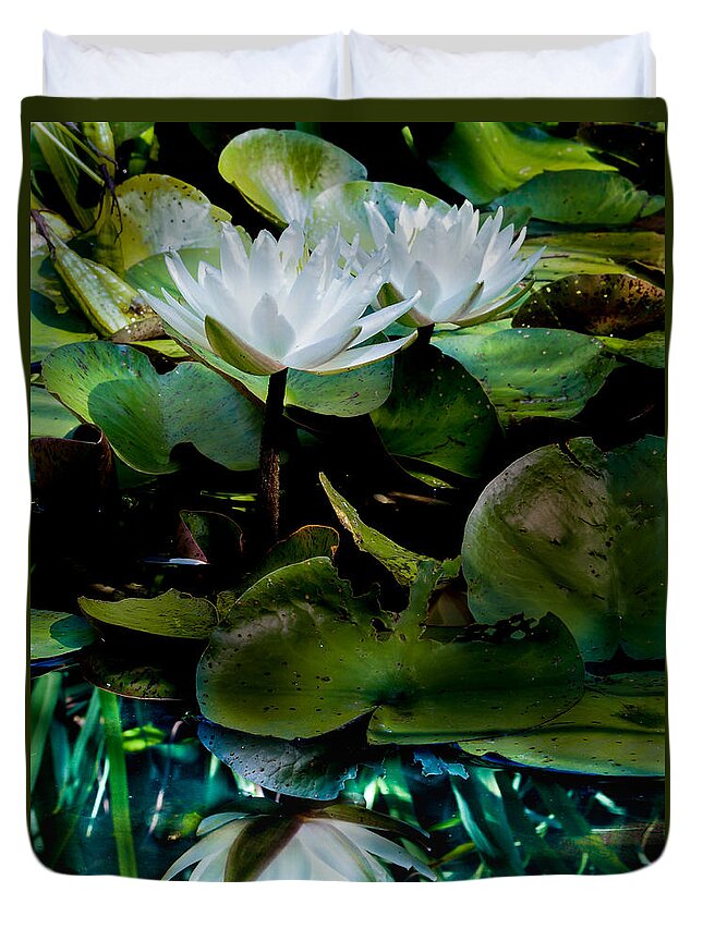 Water Lilies Duvet Cover featuring the photograph White Lilies, White Reflection by Paula Ponath