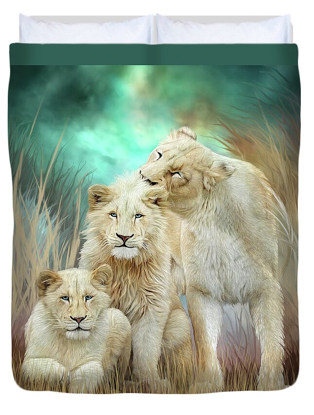 Carol Cavalaris Duvet Cover featuring the mixed media White Lion Family - Mothering by Carol Cavalaris