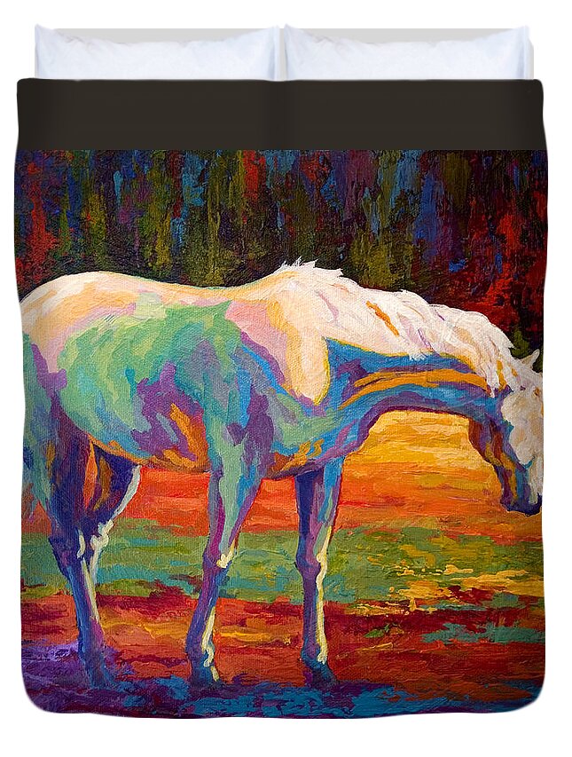 Horses Duvet Cover featuring the painting White Mare II by Marion Rose