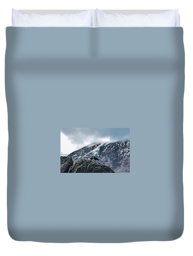 Africa Duvet Cover featuring the photograph White-Necked Raven Pair under Kilimanjaro Summit Glacier by Jeff at JSJ Photography
