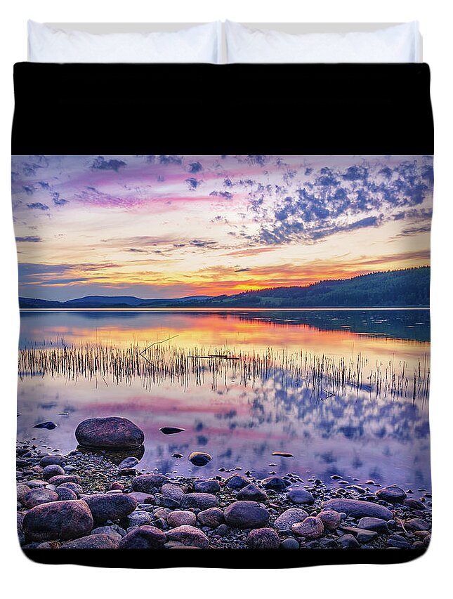Europe Duvet Cover featuring the photograph White night sunset on a Swedish lake by Dmytro Korol
