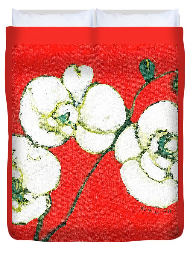 Asian Duvet Cover featuring the painting White Orchid by Jennifer Lommers