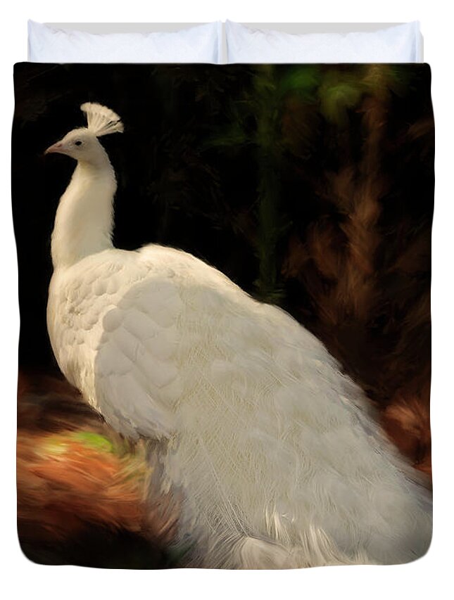 Peacock Duvet Cover featuring the painting White Peacock in Golden Hour by Constance Woods