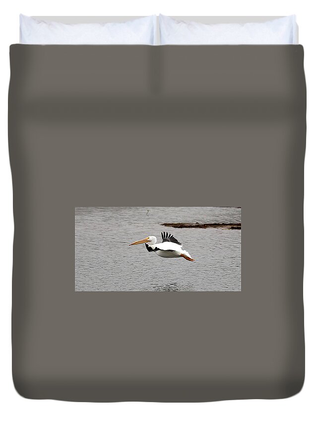 James Smullins Duvet Cover featuring the photograph White pelican in flight by James Smullins