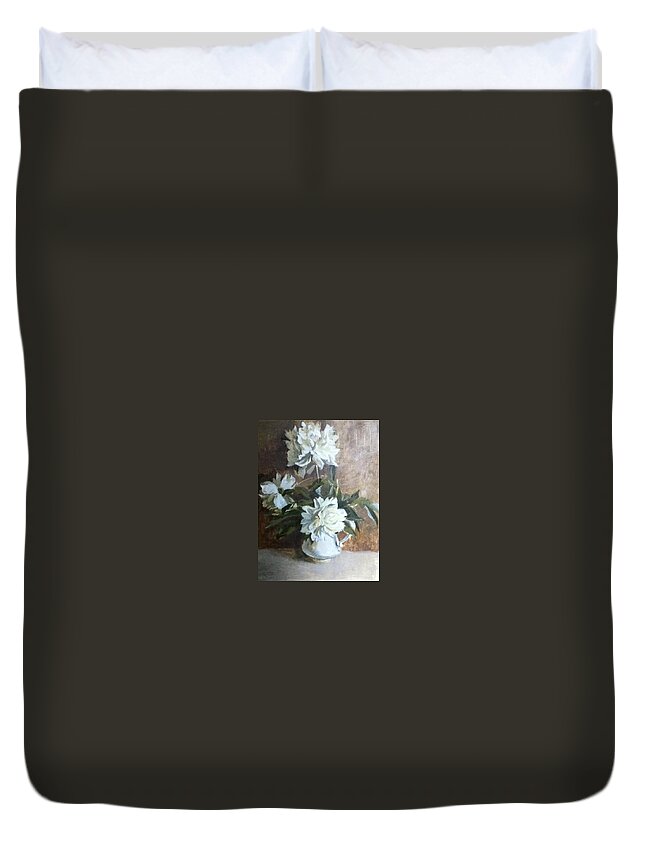 White Peonies Duvet Cover featuring the painting White peonies by Tanya Balaeva