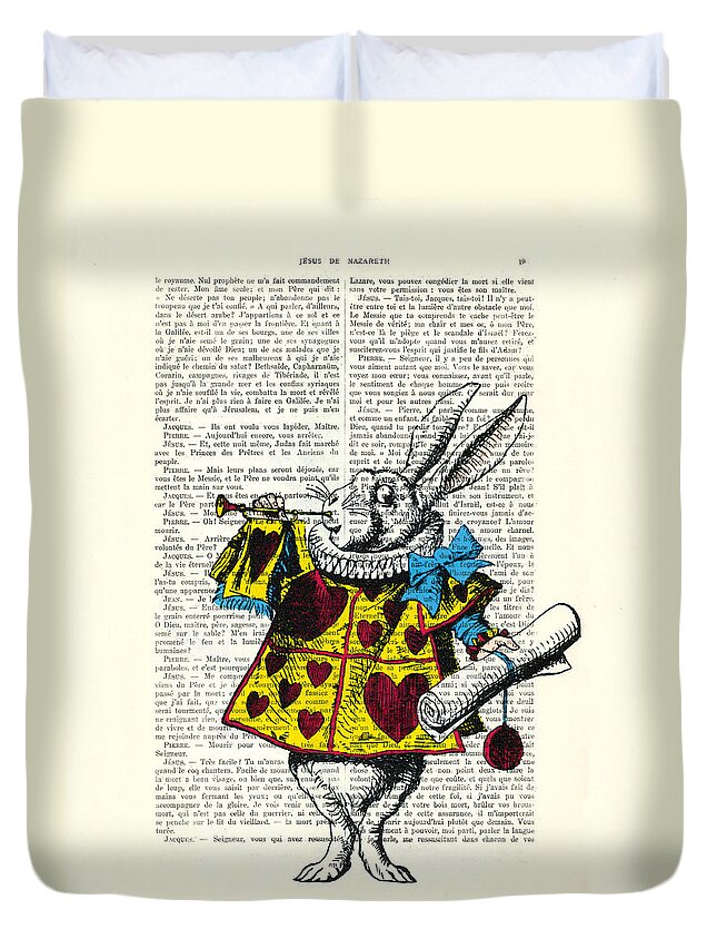 White Rabbit Duvet Cover featuring the digital art White rabbit blows his trumpet three times alice in wondreland by Madame Memento