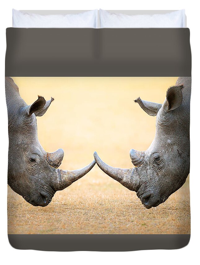 Rhinoceros Duvet Cover featuring the photograph White Rhinoceros head to head by Johan Swanepoel