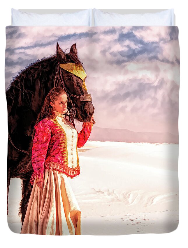 White Sands Duvet Cover featuring the digital art White Sands Horse and Rider #2b by Walter Herrit