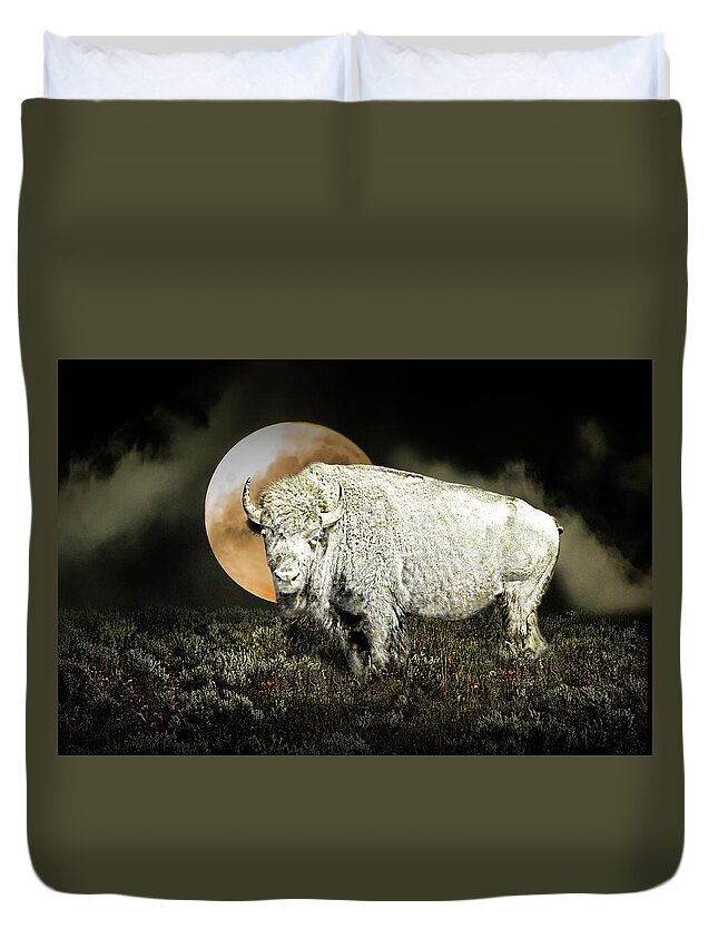 White Buffalo Duvet Cover featuring the photograph White Spirit Buffalo and Moon by Randall Nyhof