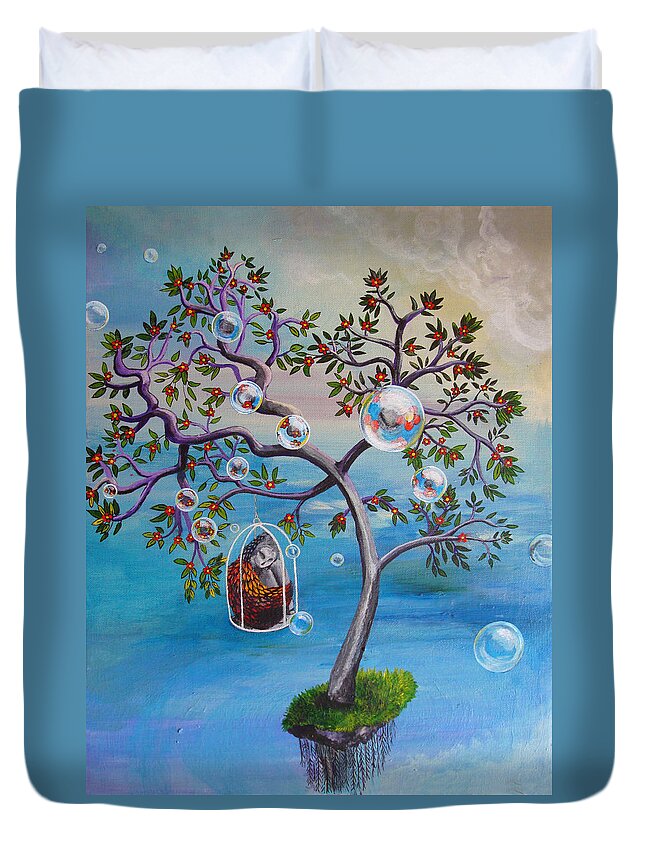 Surreal Duvet Cover featuring the painting Why The Caged Bird Sings by Mindy Huntress