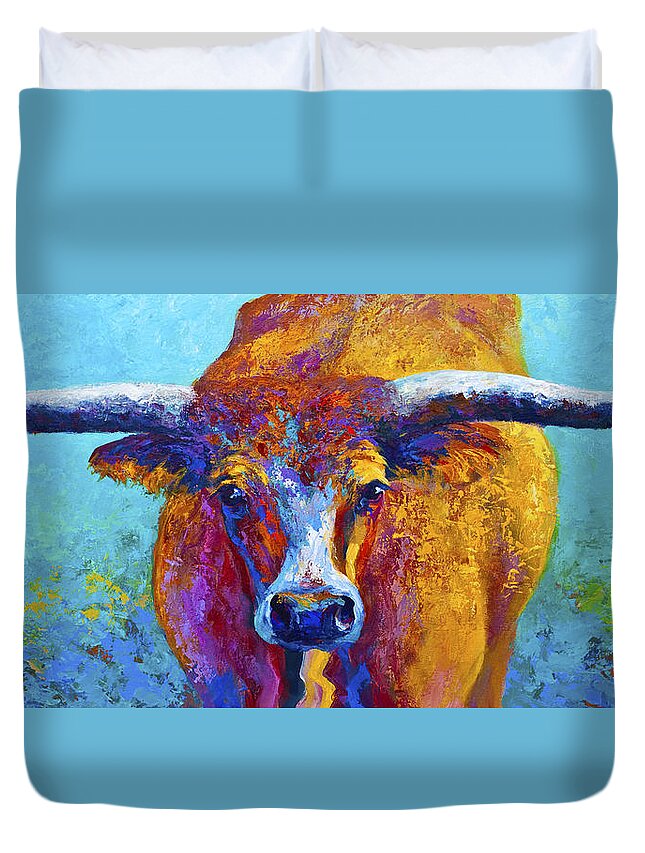 Western Paintings Duvet Cover featuring the painting Widespread - Texas Longhorn by Marion Rose