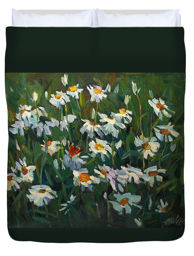 Camomile Duvet Cover featuring the painting Wild camomile by Juliya Zhukova