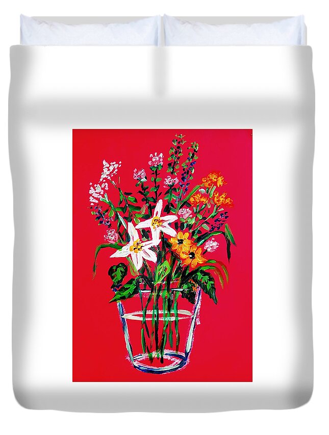 Flowers Duvet Cover featuring the painting Wild flowers in clear vase by Hae Kim
