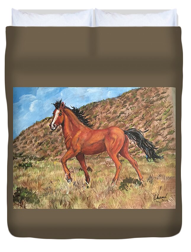 Wild Horse Walking Among The Hills. Horse Duvet Cover featuring the painting Wild Horse in Virginia City, Nevada by Charme Curtin