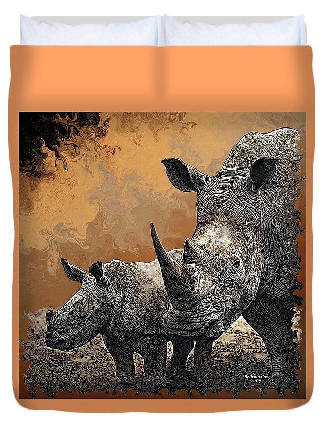 Digital Art Duvet Cover featuring the digital art Wild Rhinos by Artful Oasis